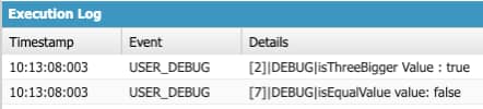 Debug Log Screenshot Showing the Result of a Boolean Comparison in Salesforce Apex Code.