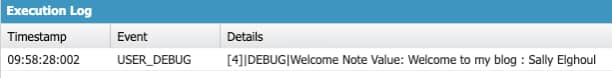 Debug Log Screenshot Showing the Result of Concatenating Two Strings Using the '+' Operator in Salesforce Apex Code.