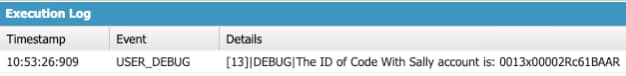 Debug Log Screenshot Showing the Initialization and Assignment of an ID Variable in Salesforce Apex Code.