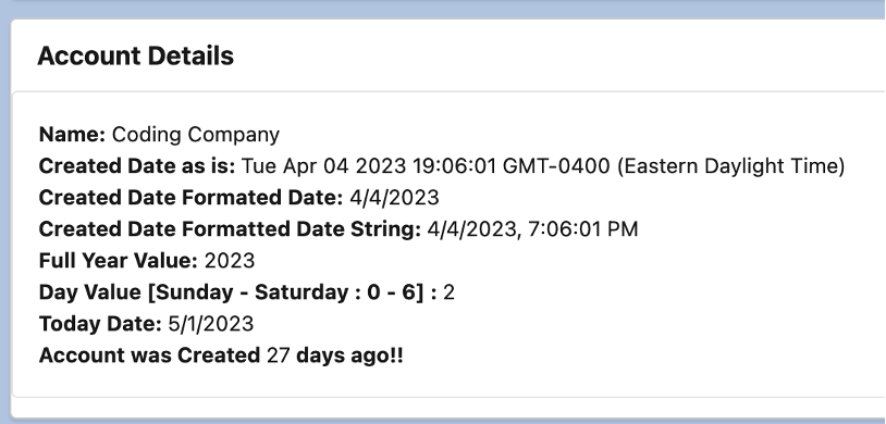 Screenshot of an LWC component on the Account record page showing a date time field displayed using different JavaScript methods.