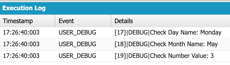 Screenshot of the Salesforce Developer Console displaying the output of a List, showcasing the elements and their corresponding index positions