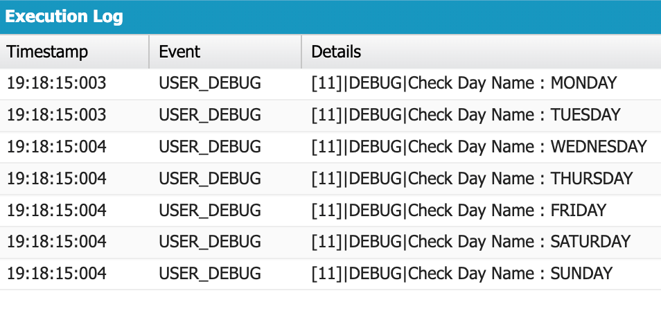 Screenshot from the Developer Console to demonstrate how we can loop through the Enumerator values and print them,