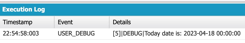 Debug Log Screenshot Showing the Initialization and Assignment of a Date Variable in Salesforce Apex Code.