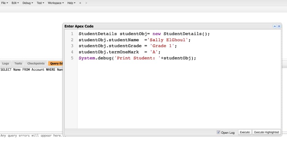 Developer Console's Executing code anonymously Sample