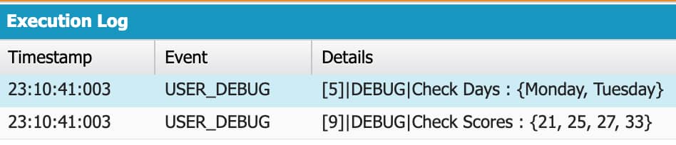 Screenshot of the Salesforce Developer Console displaying the output of a Set, showcasing the unique and unordered elements within the collection