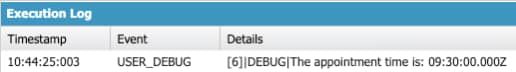Debug Log Screenshot Showing the Initialization and Assignment of a Time Variable in Salesforce Apex Code.