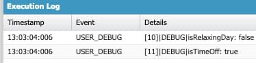 Screenshot: Demonstrating the Use of AND (&&) and OR (||) Operators in Apex with Boolean Variables and their Output in the Salesforce Developer Console
